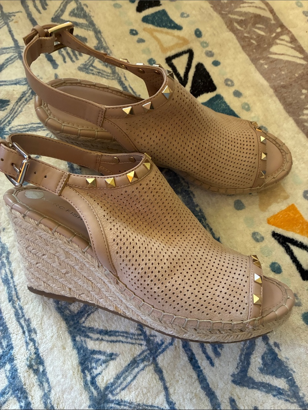 Marc Fisher Senton Perforated Suede Studded Tan Espadrille Wedges
